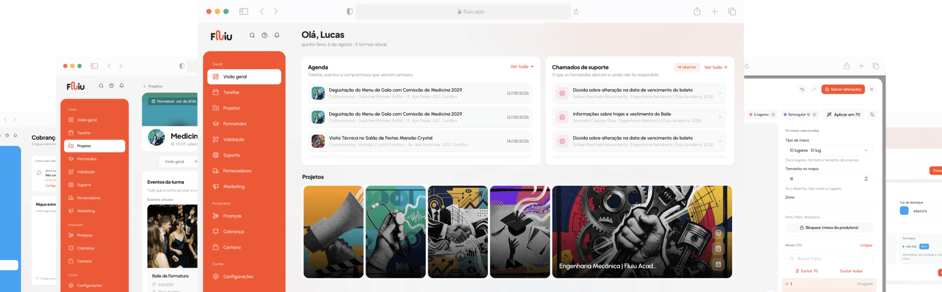 Telas do painel Fluiu mostrando projetos, agenda, cobrança e mapa de mesas